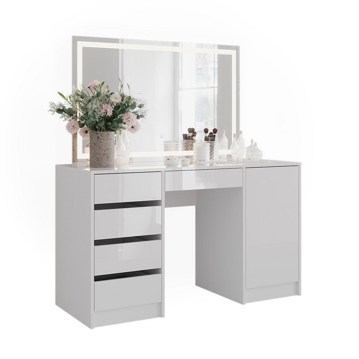 SCHMINKTISCH Sherry Weiß/Weiß Hochglanz 128.2 cm mit LED-Spiegel - Weiß Hochglanz, Holzwerkstoff (128.2/76/50.1cm) - Vicco