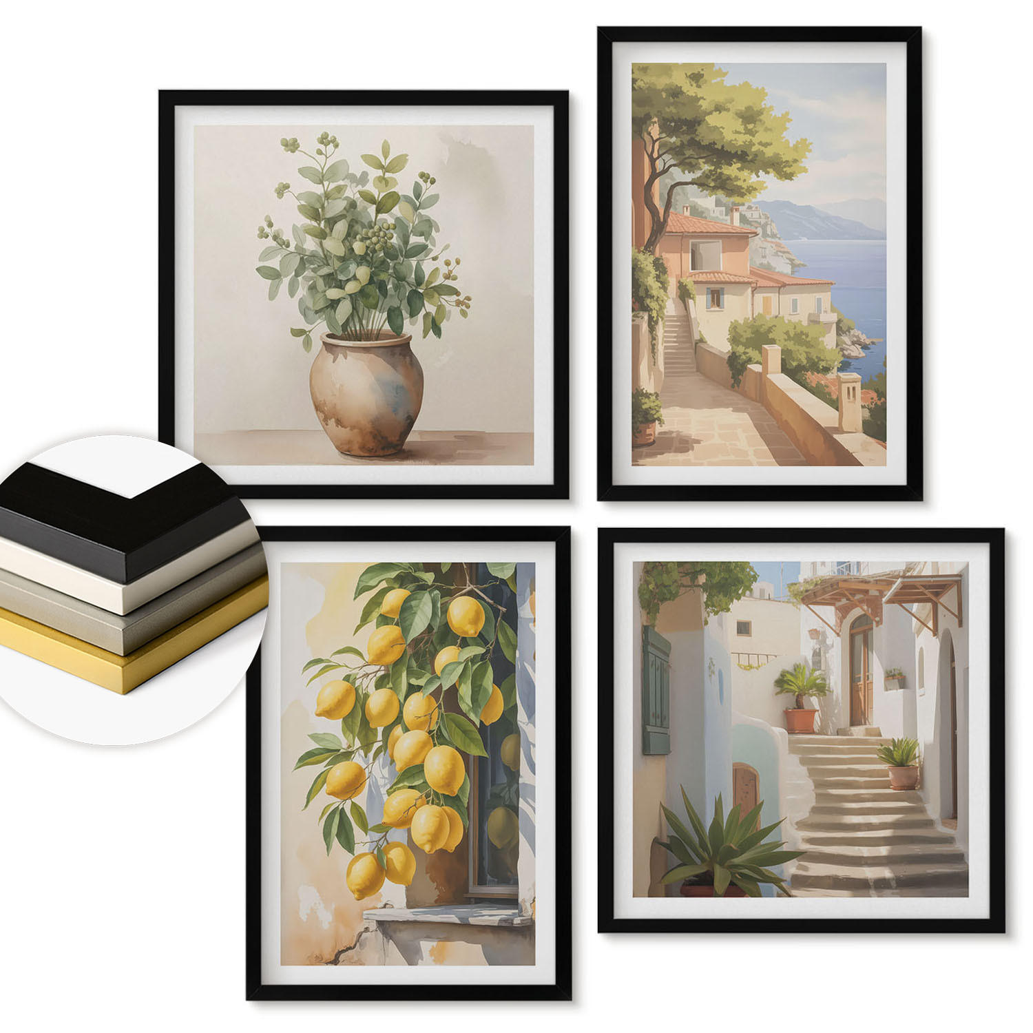WANDBILDER 4er-Set - 50x50 cm & 40x60 cm Schwarzer Rahmen - Blumen in einer Vase, ein Meer aus Zitronen - Schwarz, Kunststoff (50/50cm) - ArtPrintCave
