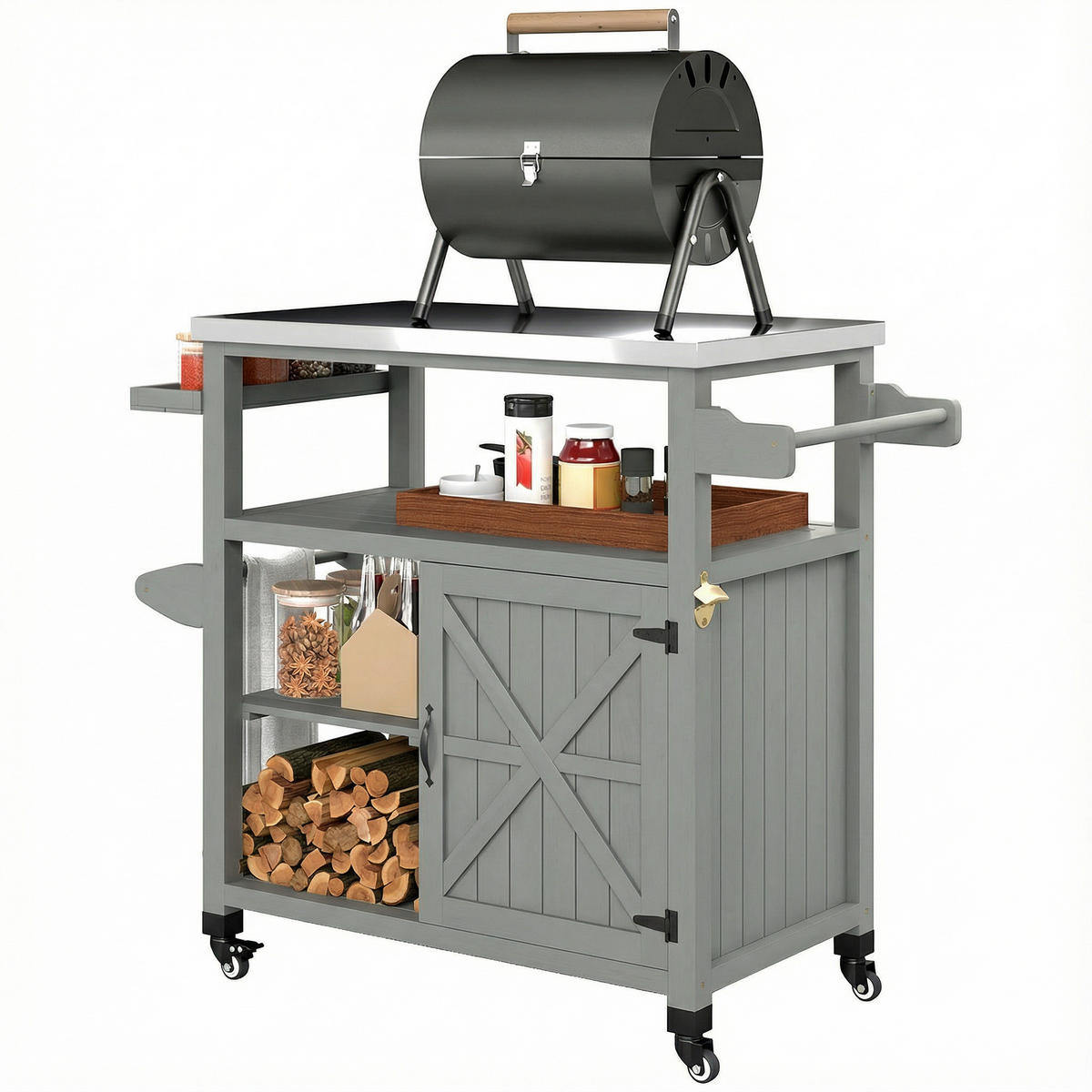 GRILLWAGEN DE-13858 mit Edelstahl-Arbeitsplatte und Holzrahmen Grau - Grau, Metall (49.5/92.5/107cm) - ComfortXL