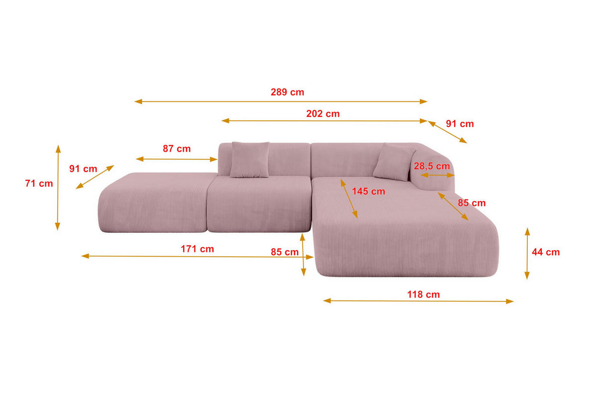 ECKSOFA Ottomane Rechts OVLY-L 289x176x71 Rosa Cord - Schwarz/Rosa, Holzwerkstoff/Kunststoff (289/176cm) - ALTDECOR