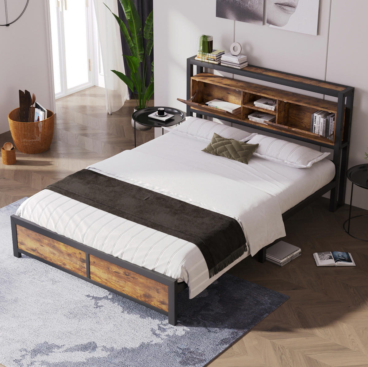 METALLBETT aus Metall & Holz 140x200 cm in Natur mit Stauraum-Kopfteil - Naturfarben, Metall (140/200cm) - Modfu