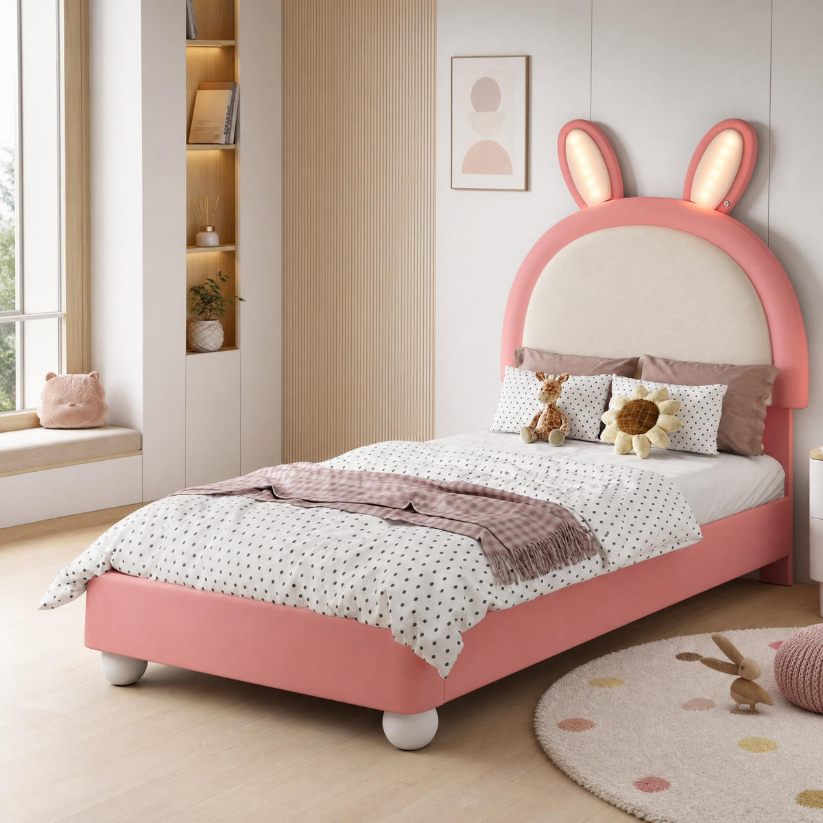POLSTERBETT 90/200 mit LED, Hasen-Kopfteil und Antikollisionskante in Rosa+Weiß - Rosa, Holzwerkstoff/Textil (90/200cm) - EVRYAE