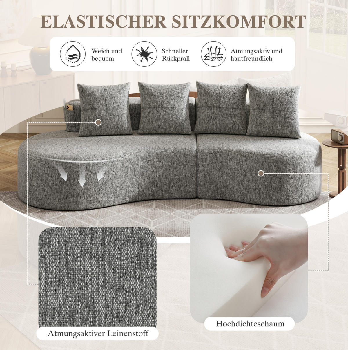SOFA 240/109/60 cm in Hellgrau mit 4 Kissen, Becherhaltern und Seitentaschen - Hellgrau, Textil (109/63/240cm) - Flora Grace