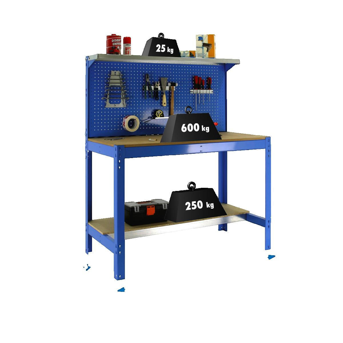 WERKBANK BUFFALO mit Werkzeugwand und Ablage | HxBxT 84x120x61cm | Traglast 600kg | Blau - Blau, Metall (121/144.5/61cm) - Sonstige