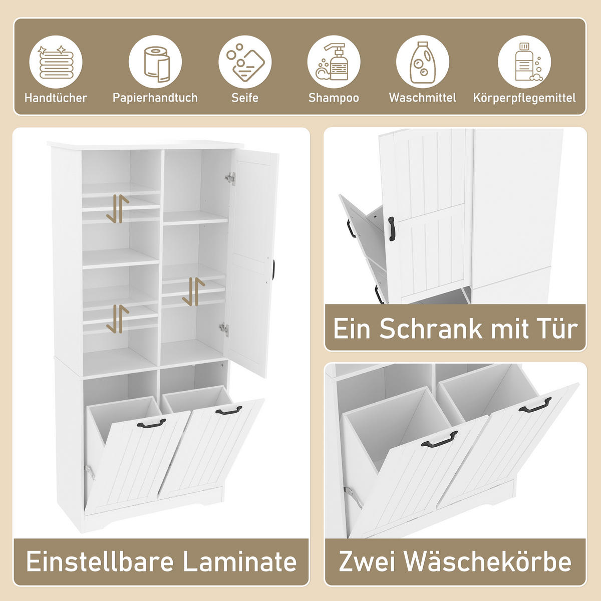 HOCHSCHRANK 78/35/172.7 cm Weiß mit doppelter Wäschekorb und 4 offene Fächer - Weiß, Holz/Holzwerkstoff (35/172.7/78cm) - Oxeza