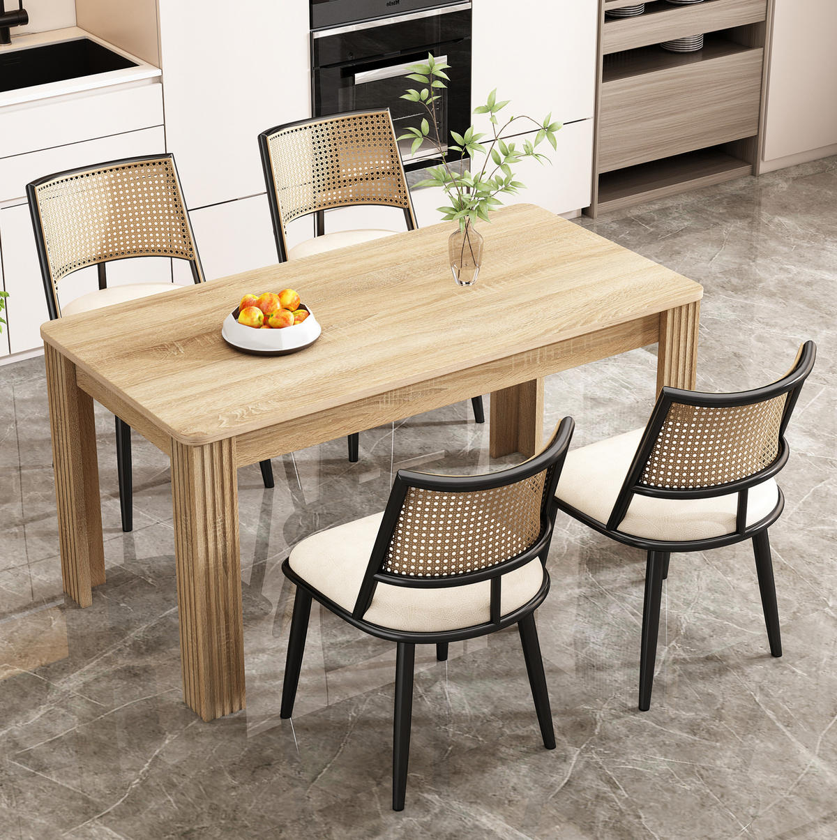 ESSZIMMERSTUHL 4er-Set mit PU-Sitz und Rattan-Rückenlehne Schwarz - Schwarz, Metall (46/80/48.2cm) - Meubliv