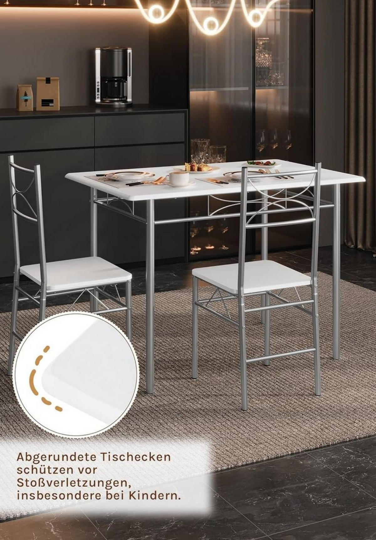 TISCHGRUPPE Esstisch mit 4 Stühlen, MDF, Weiß - Silberfarben/Weiß, Holzwerkstoff/Metall (110/76/70cm) - Woltu