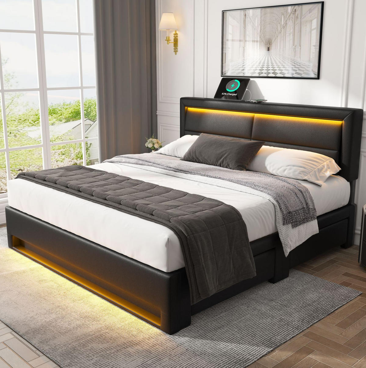 POLSTERBETT 140/200 cm mit LED, USB-Ladeanschluss & 4 Schubladen, PU Schwarz - Schwarz, Kunststoff (140/200cm) - Redom