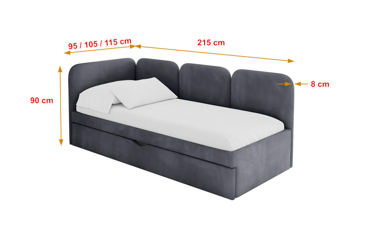 EINZELLBETT Jugendbett mit Bettkasten, Rechts - ALVY 80x200 Dunkelgrau - Dunkelgrau, Holzwerkstoff/Textil (80/200cm) - ALTDECOR