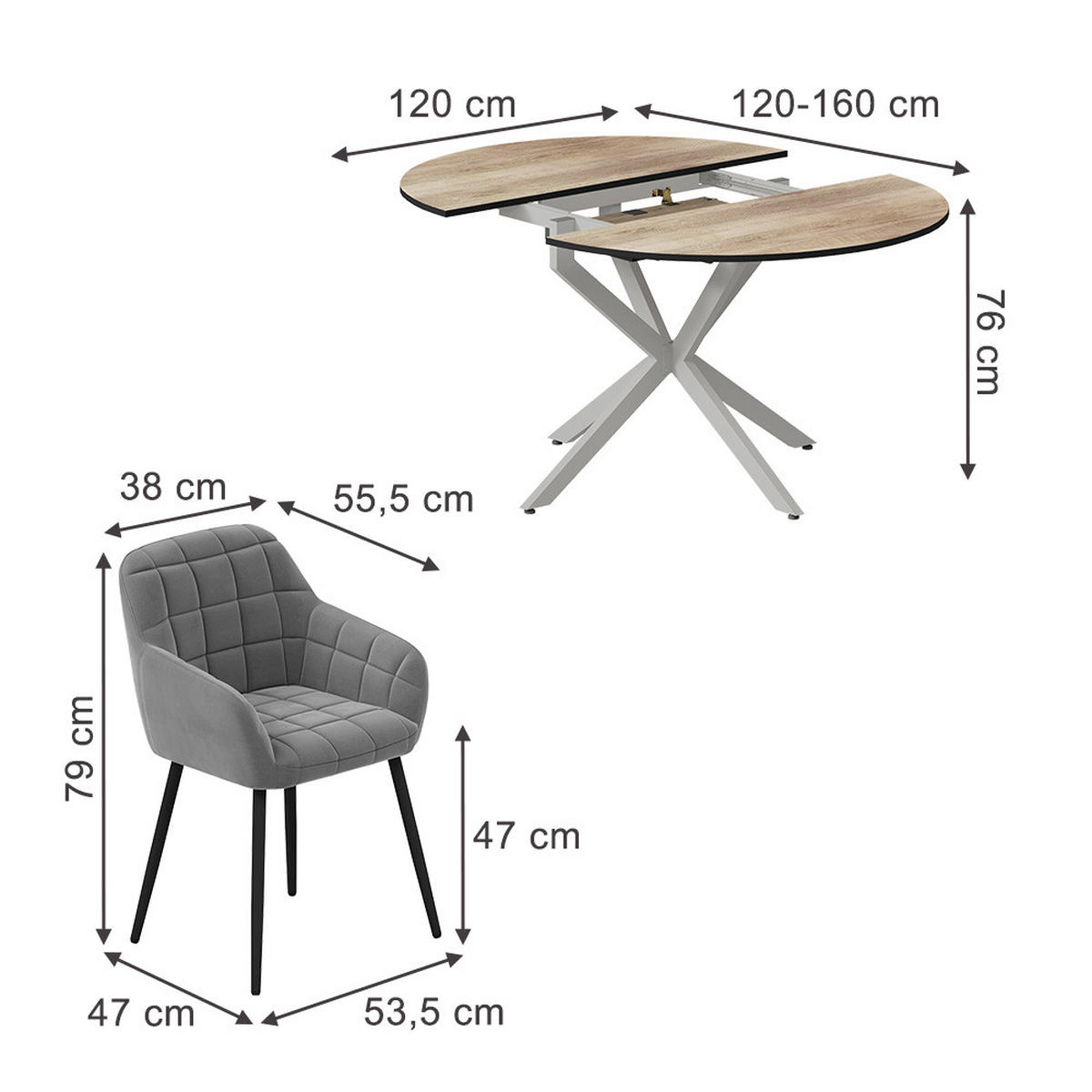 ESSTISCH-SET Loyd, Eiche rustikal/Grau, 120 x 120 cm mit 4 Esszimmerstühlen (Grau) - Wildeiche/Grau, Holzwerkstoff (120/76.5/120cm) - Vicco