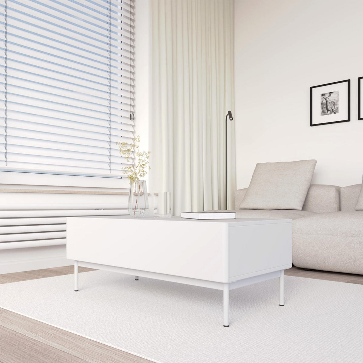 KONFERENČNÍ stolek Olio Bílý se dvěma výklopnými dvířky 100 x 53 cm - béžová/šedohnědá, kov/kompozitní dřevo (53.2/100/40.2cm) - Selsey