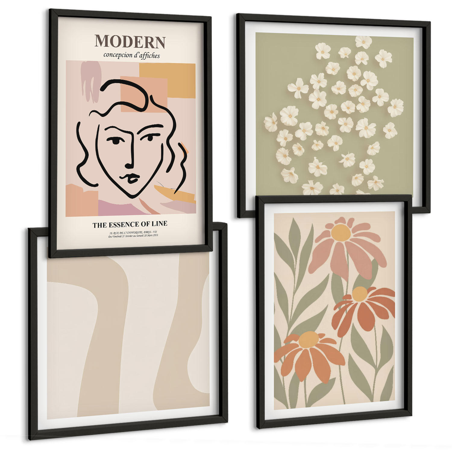 BILDER SET 4er Set - 50x50 cm & 40x60 cm Schwarzer Rahmen - Moderne abstrakte Frau - Schwarz, Kunststoff (50/50cm) - TULUP