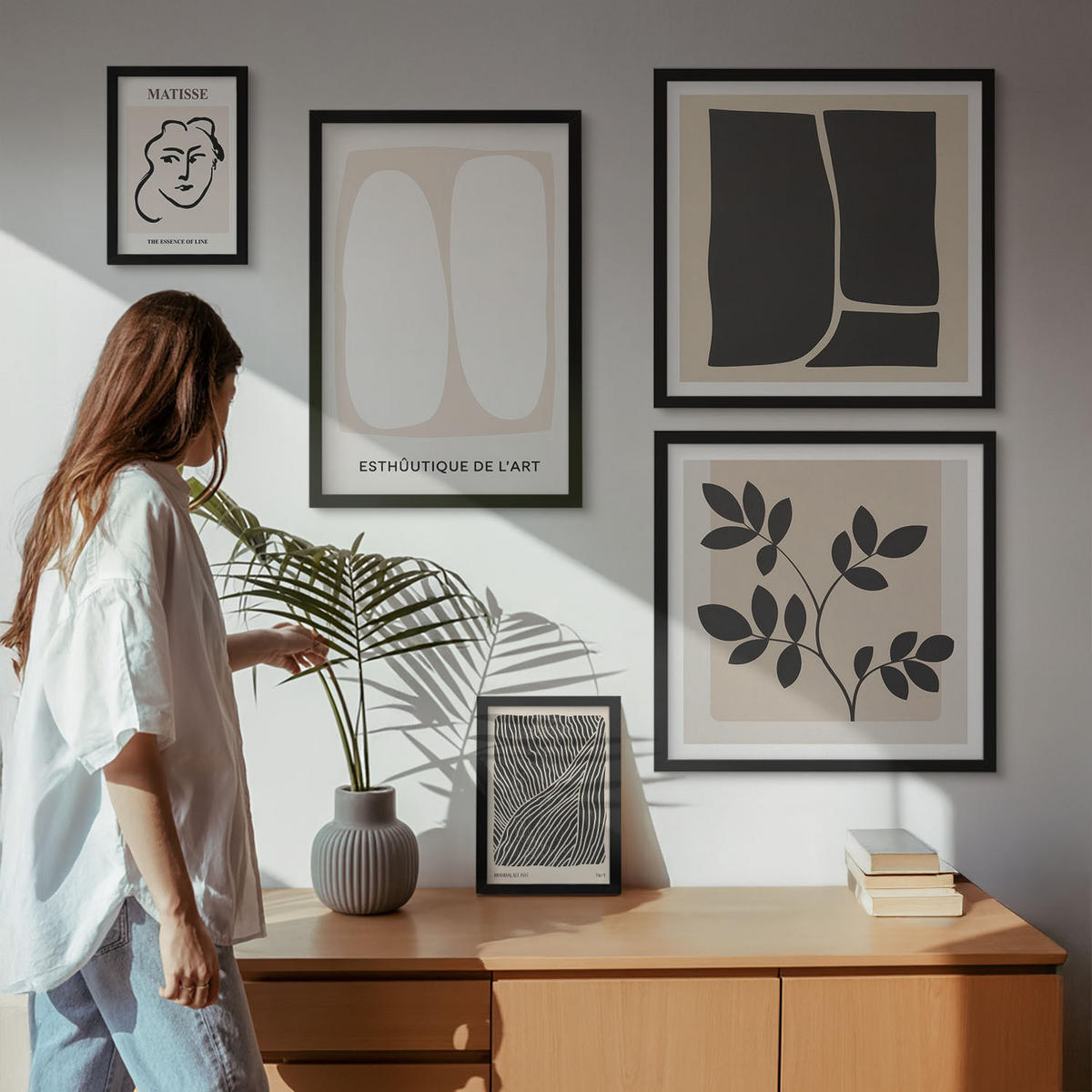 WANDBILDER 5er-Set - 50x50 cm & 20x30 cm & 40x60 cm Schwarzer Rahmen - Minimalistische Pflanzenmuster - Schwarz, Kunststoff (40/60cm) - ArtPrintCave