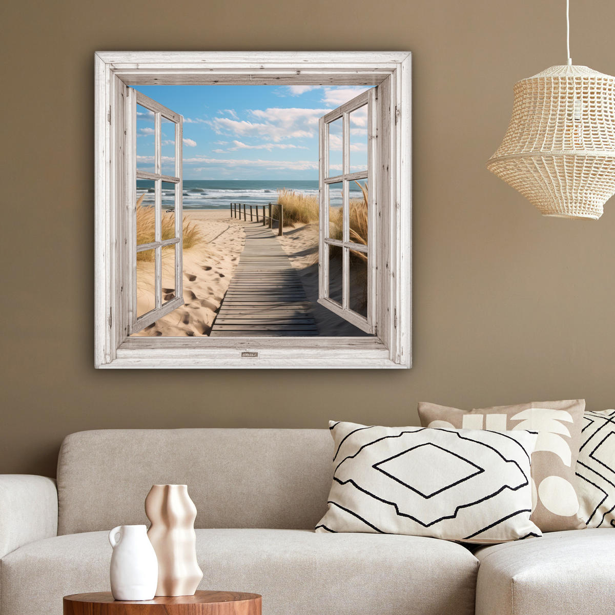 LEINWANDBILD Fenster - Meer - Küste - Natur - Ausblick - Strand - Wattenmeer 90x90 cm - Beige, Textil (90/90cm) - MuchoWow