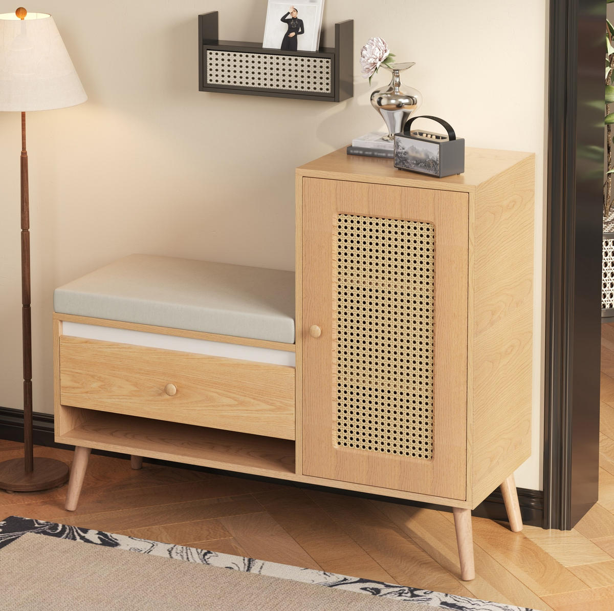 SCHUHBANK 95,5/35/80,5 cm mit Sitzkissen, Schubladen und Rattan-Optik - Eichefarben, Holzwerkstoff (95.5/80.5/35cm) - BEAOK
