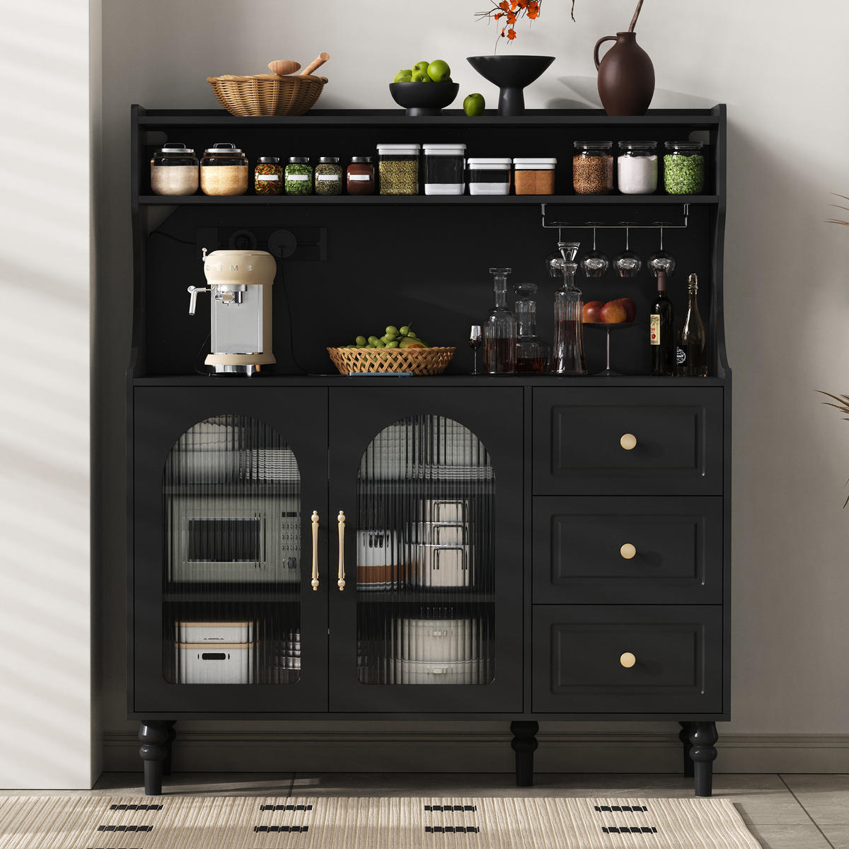 BUFFET 120x40x138.5 cm Schwarz mit Fluted Glas & Ladestation - Schwarz, Holzwerkstoff (40/138.5/120cm) - Modfu