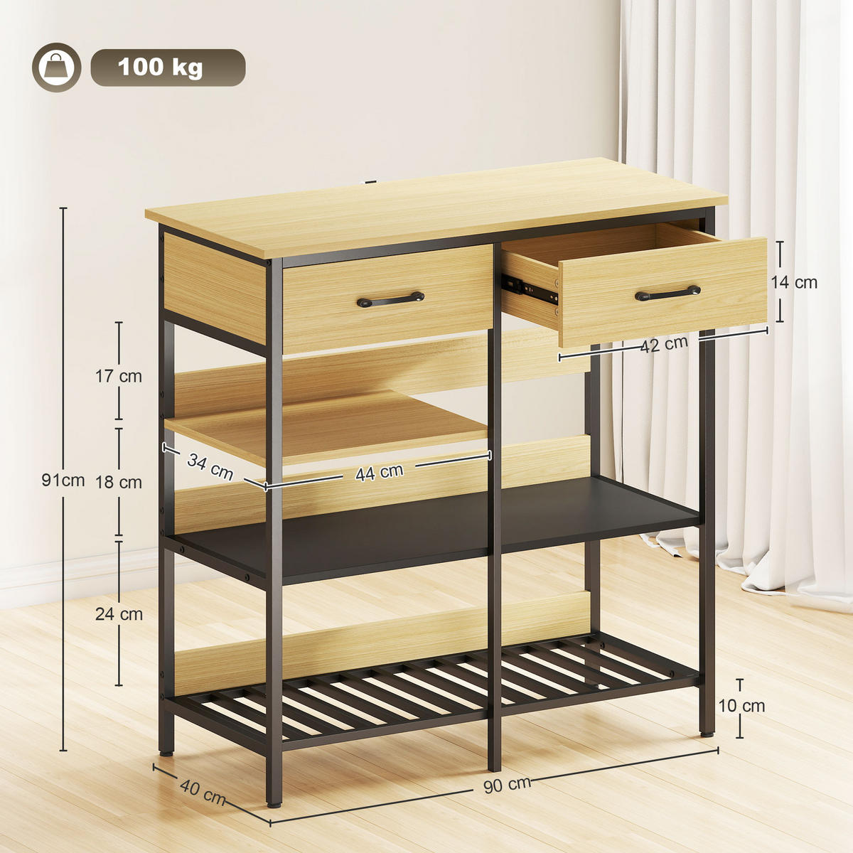 KOMMODE mit 2 Schubladen 3 offenen Regalen Naturholz - Schwarz/Naturfarben, Holzwerkstoff/Metall (40/91/90cm) - HOMCOM