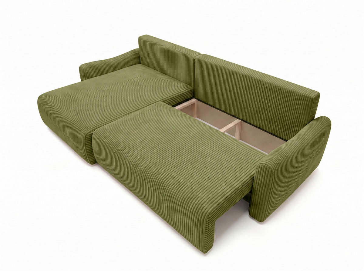 ECKSOFA Mit Schlaffunktion, Cordstoff Poso, Olive, Links, JAPANDI - Olivgrün, Holz (262/145cm) - Kaiser Möbel