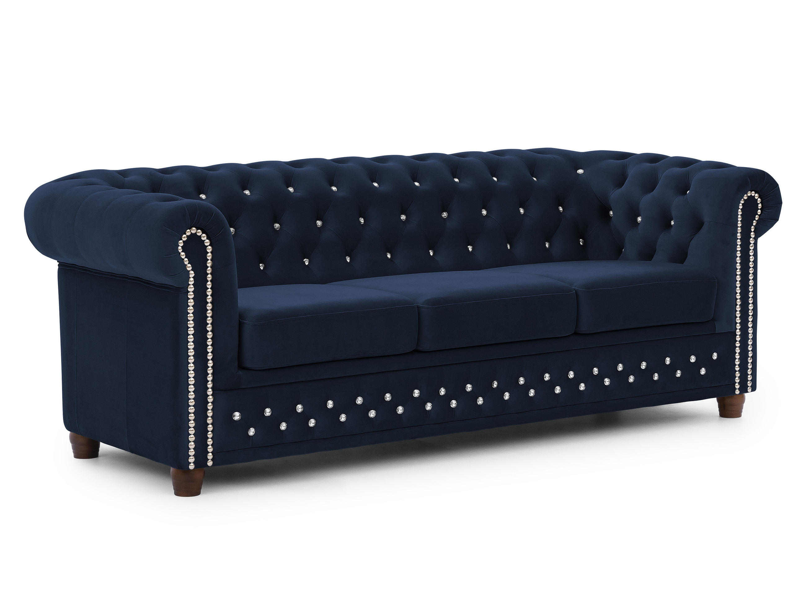CHESTERFIELD-SOFA 3-sitzer Cleo Blink Marineblau Samt mit Kristallsteppung und braunen Massivholzfüßen - Blau/Braun, Holz/Textil (203/72/86cm) - S-Style Möbel