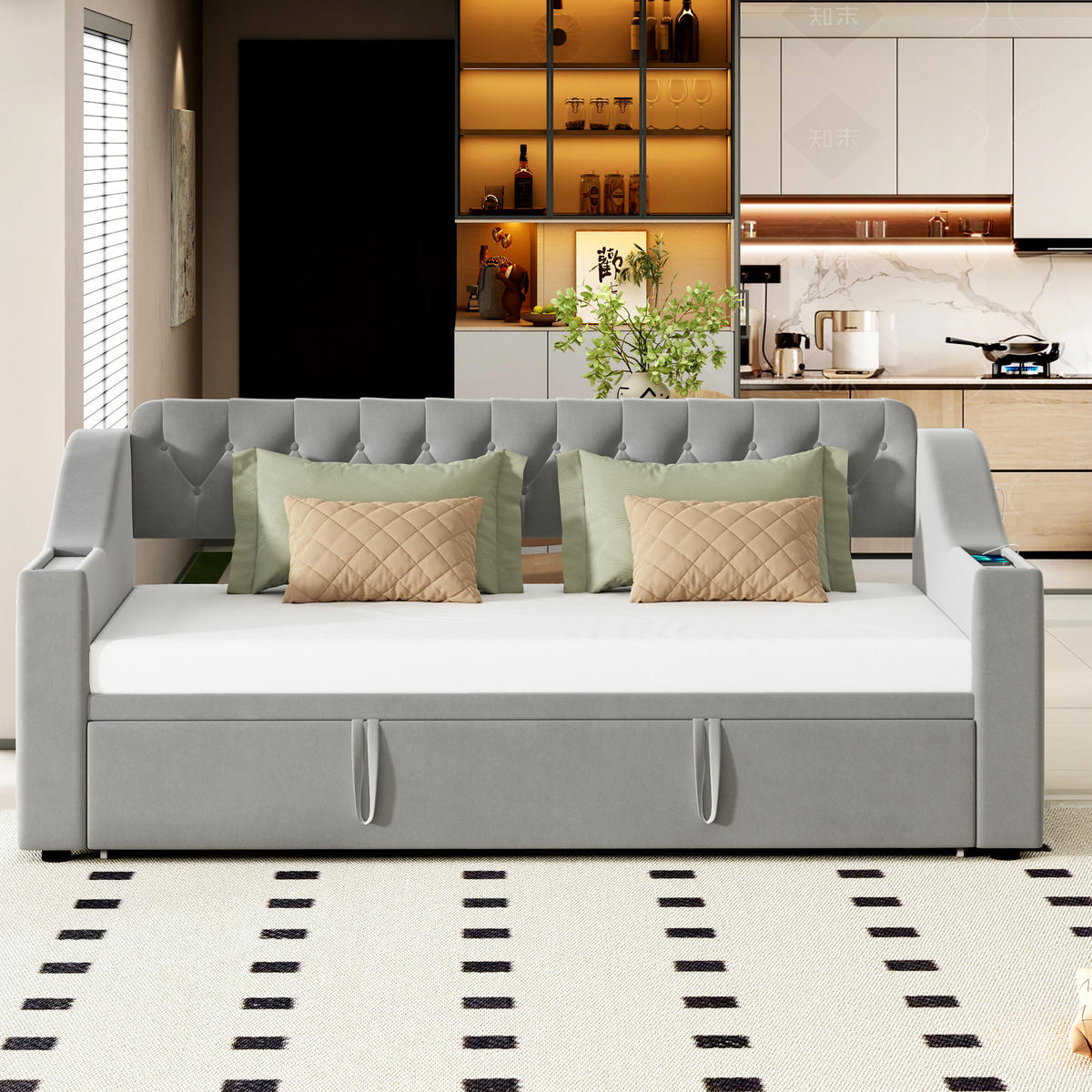 POLSTERBETT Schlafsofa 90/180 cm grau mit integrierten Stauraum und Ladeanschlüssen - Grau, Textil (90/180cm) - OKWISH