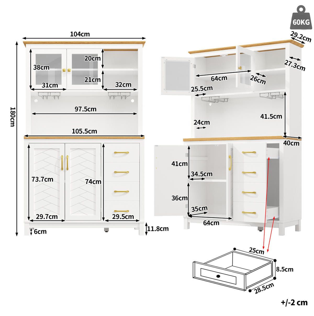 BUFFETSCHRANK 105,5/40/180 cm weiß aus MDF mit LED-Leiste - Weiß, Holzwerkstoff (105.5/180/40cm) - OKWISH