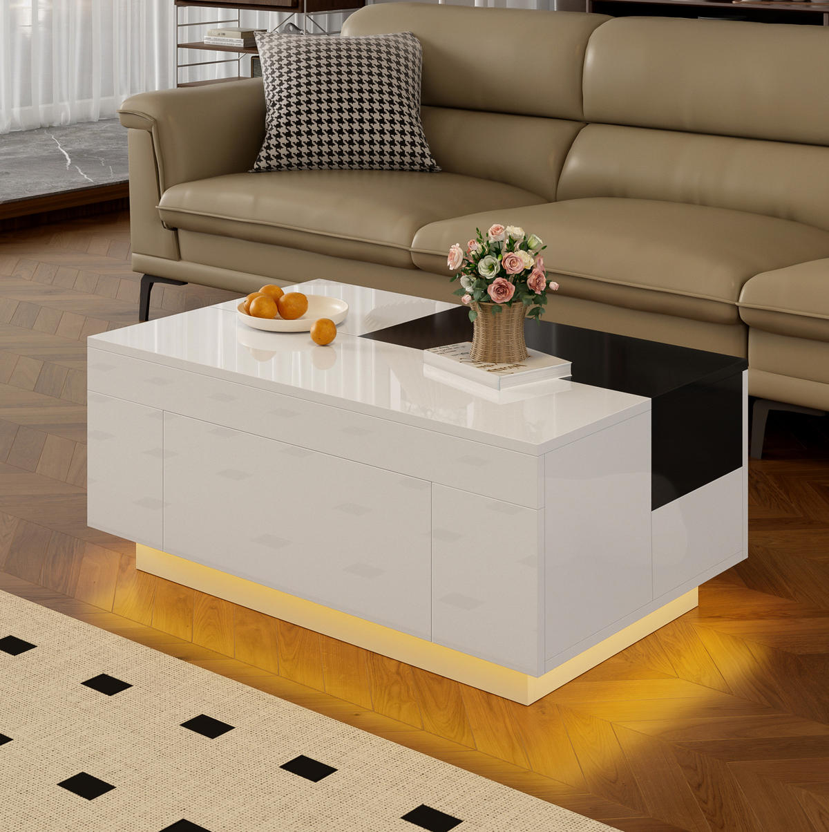COUCHTISCH 80/50 cm in Schwarz/Weiß mit LED-Beleuchtung und ausziehbarer Tischplatte - Weiß, Holzwerkstoff (80/50/35.5cm) - Flora Grace