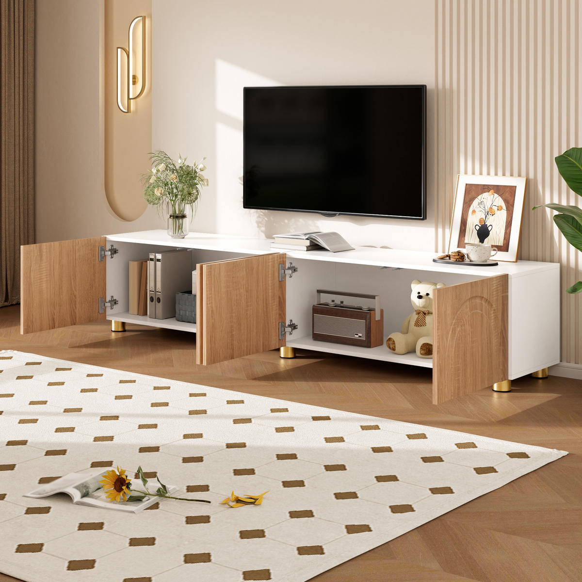 LOWBOARD in Naturfarben TV-Schrank mit Metallfüße, 180 L/35 B/40H(cm), für Wohnzimmer - Schwarz/Naturfarben, Holzwerkstoff/Metall (180/40/35cm) - STILVORA