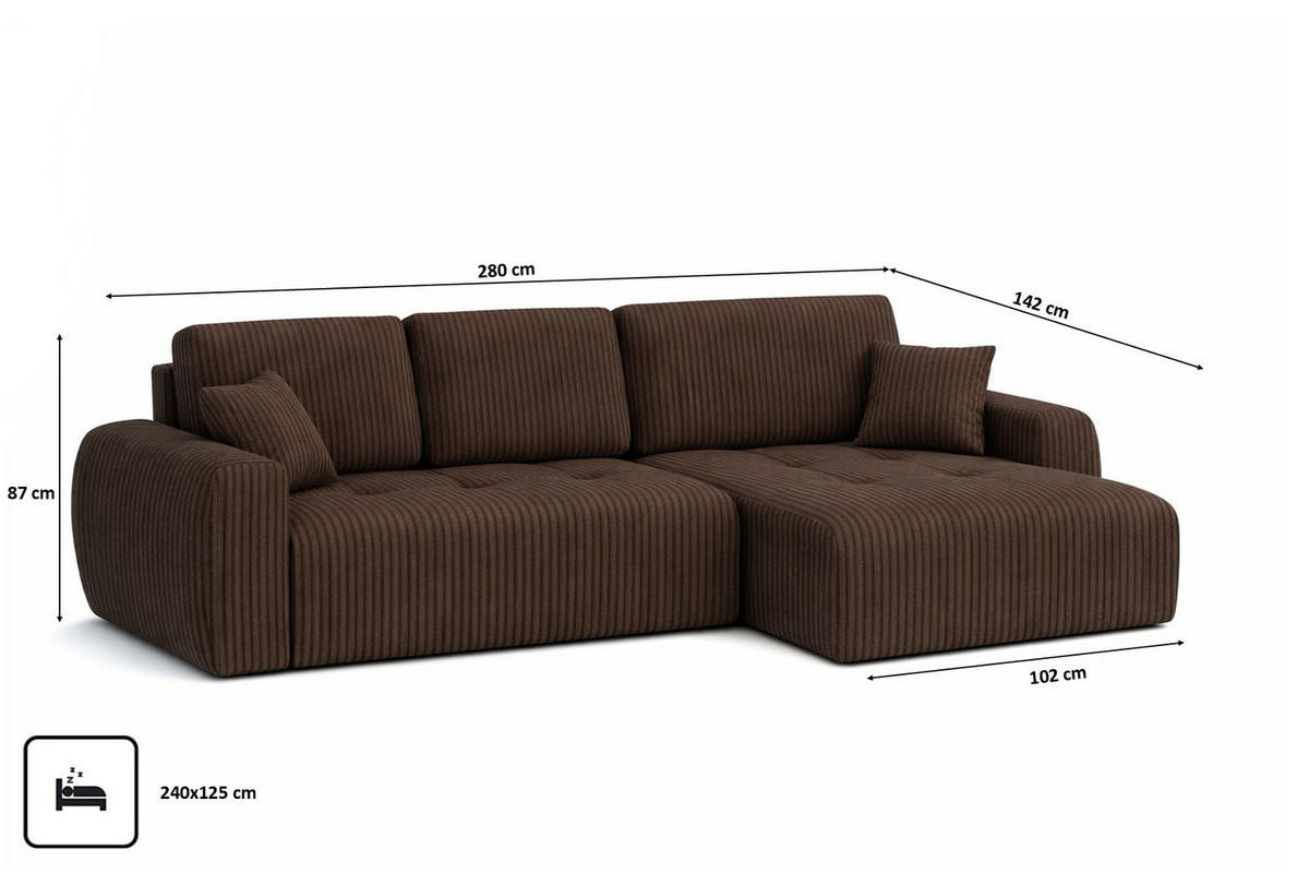 ECKSOFA Mit Schlaffunktion Und Bettkasten L-Form Ivo XL, Cordstoff Poso, Braun, Rechts - Braun, Holz (280/142cm) - Kaiser Möbel