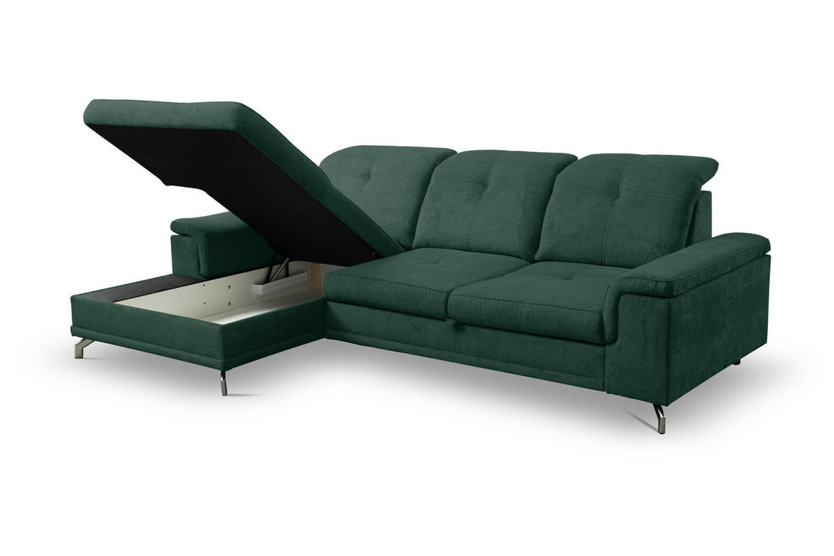 ECKSOFA PANAMA mit Schlaffunktion und Bettkasten, Farbe: Grün, Velourstoff, Ottomane Links - Grün, Textil (270/180cm) - VENASI MÖBEL