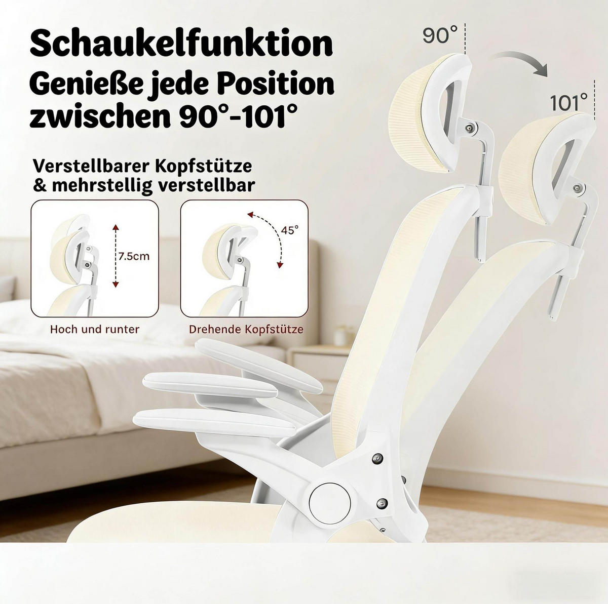 BÜROSTUHL in Beige 47x63,5x117,5 cm mit hoher Netzrückenlehne und verstellbarer Kopfstütze - Beige, Metall (63.5/117.5/47cm) - IVMEU