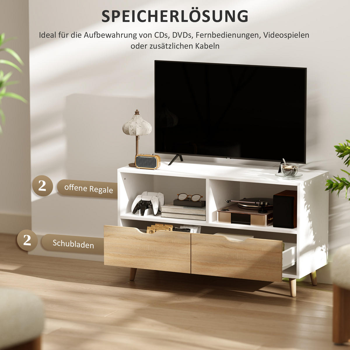 TV-BOARD aus Holzwerkstoff 99x39x58 cm Weiß mit 2 Schubladen, 2 offenen Fächern und Kabeldurchlass - Weiß, Holzwerkstoff (99/58.3/39cm) - Modfu