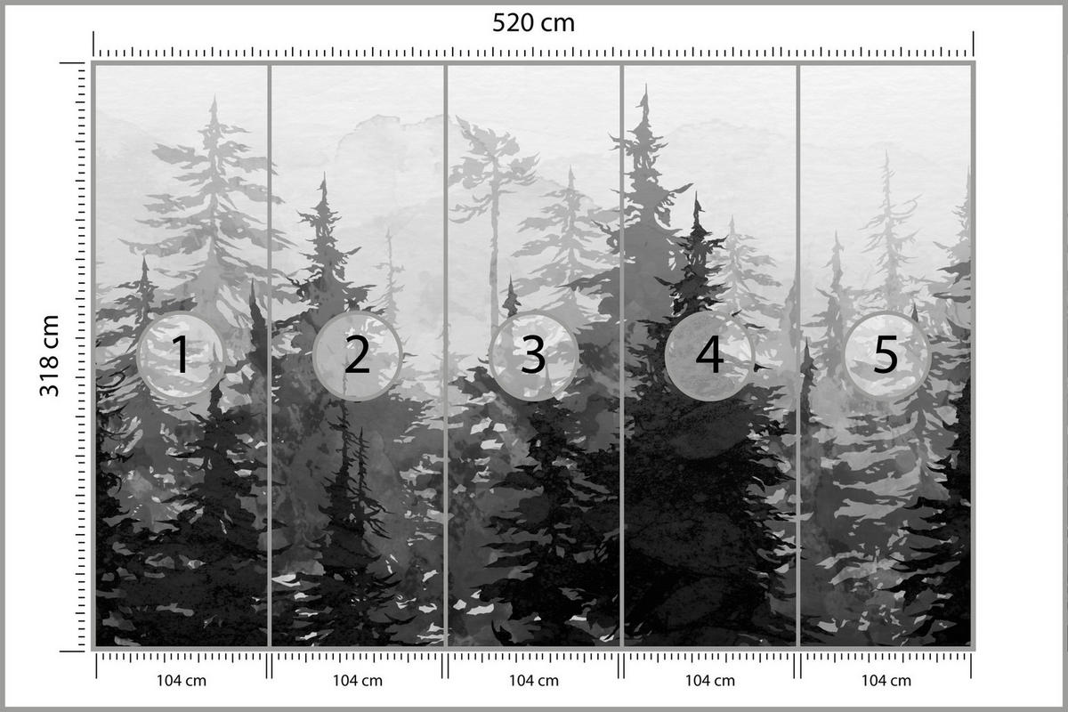 FOTOTAPETE Schwarz-Weiß WALD Bäume Natur 520x318cm - Schwarz/Weiß, Papier (520/318cm) - Muralo