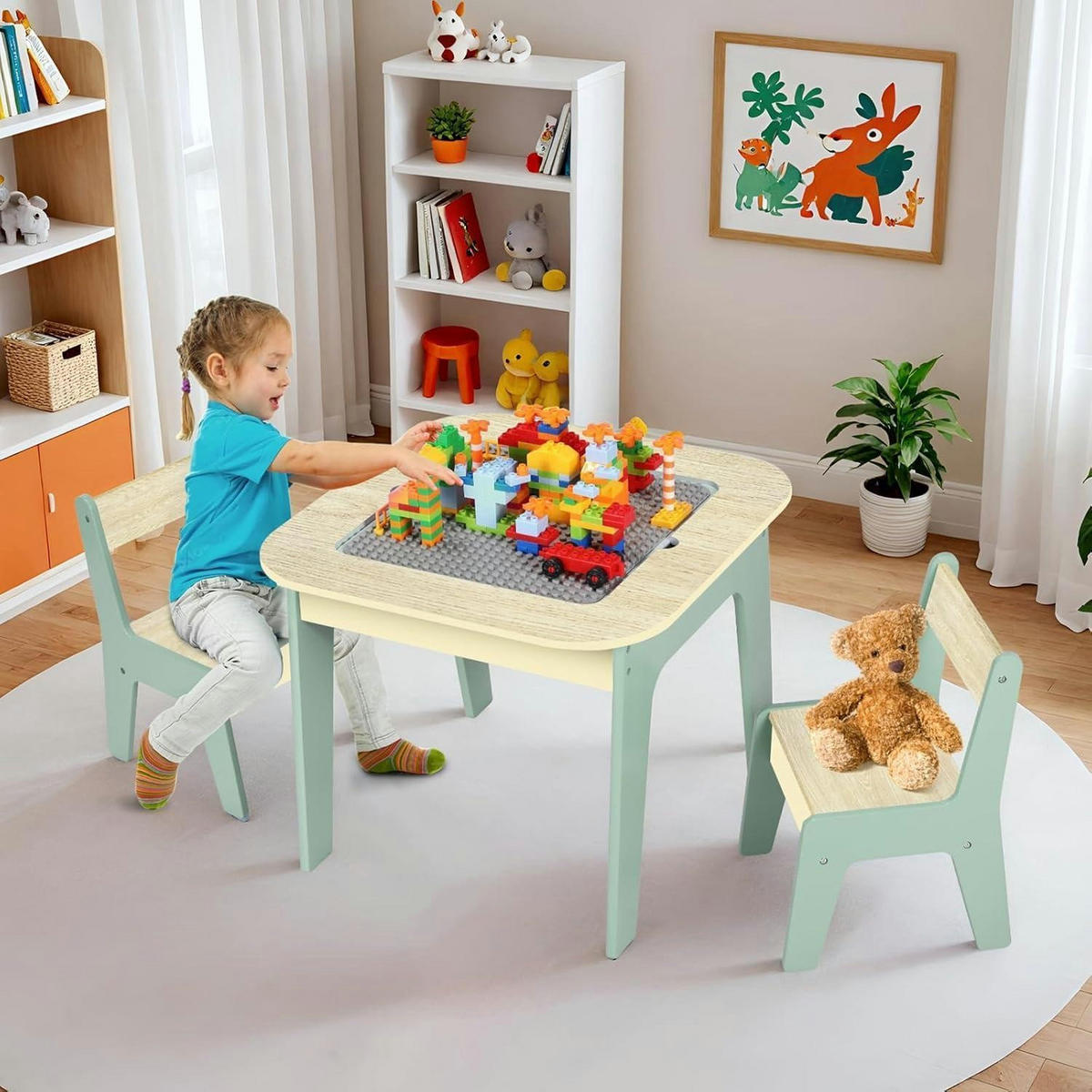 KINDERTISCH mit 2 Stühlen 4-in-1 Multifunktion Grün - Hellgrün, Holzwerkstoff (50/49/54cm)