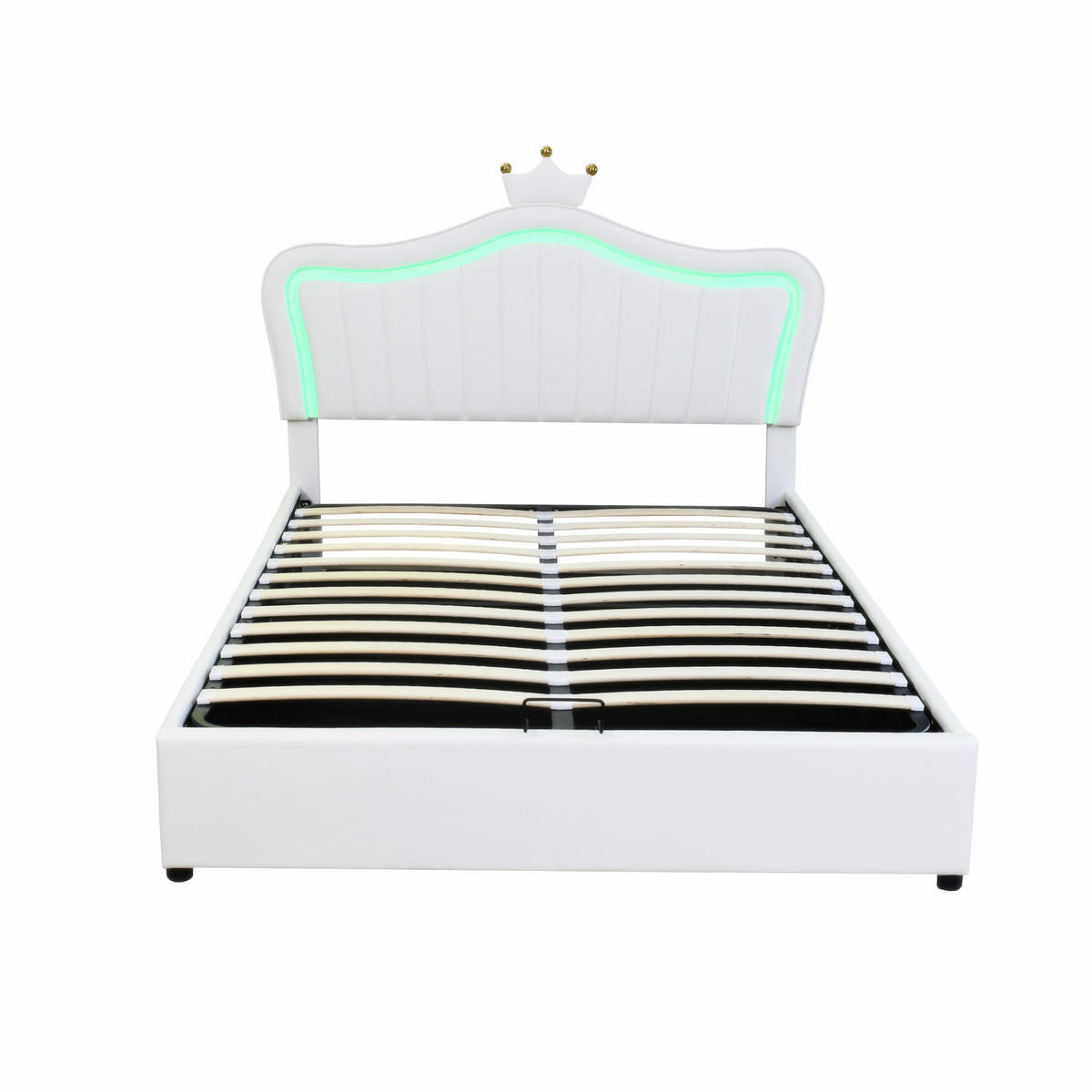 POLSTERBETT 140/200 cm weiß hydraulisches Stauraumbett mit LED-Beleuchtung und verstellbarem Kopfteil - Weiß, Textil (140/200cm) - OKWISH