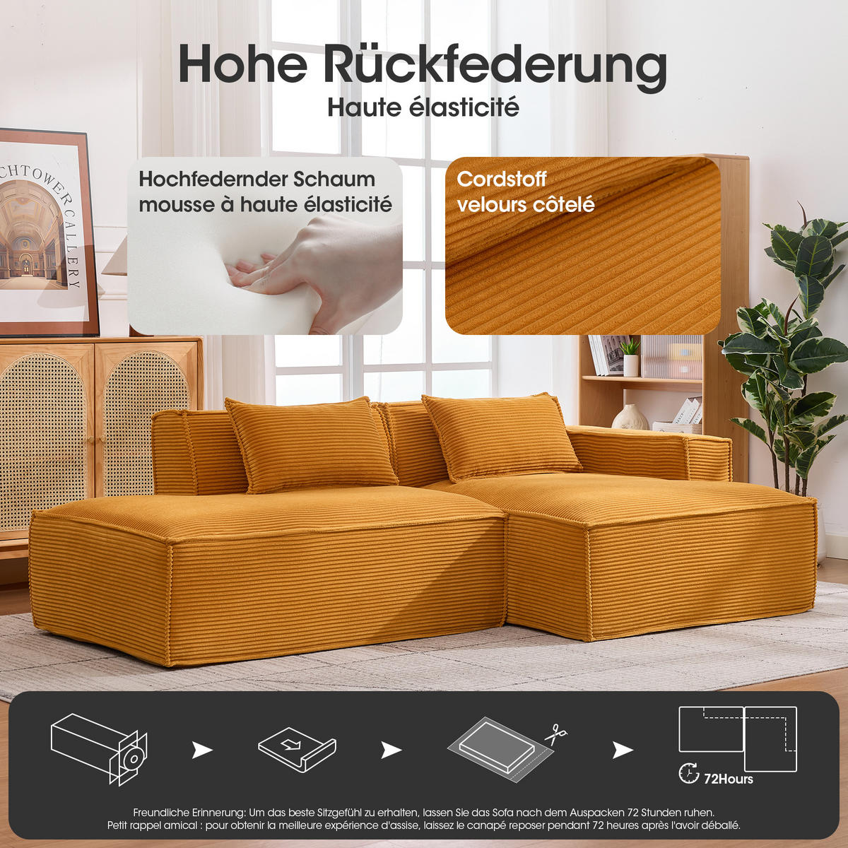ECKSOFA gepolstert mit taschenfederkern & 2 kissen - Gelb, Textil (235/129cm) - Urban Meuble