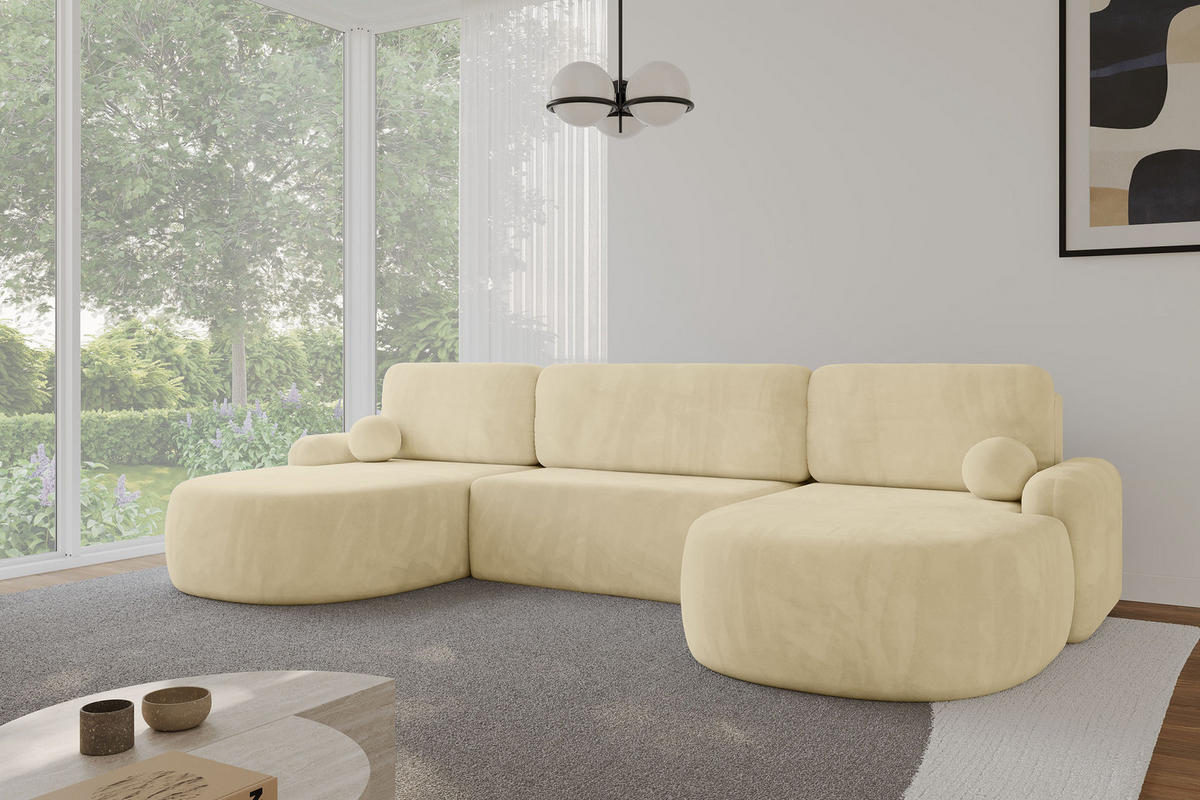 WOHNLANDSCHAFT mit Schlaffunktion und Bettkasten LIRA-U - 335x172x89 Beige - Ecru, Holzwerkstoff/Textil (335/89/172cm) - ALTDECOR