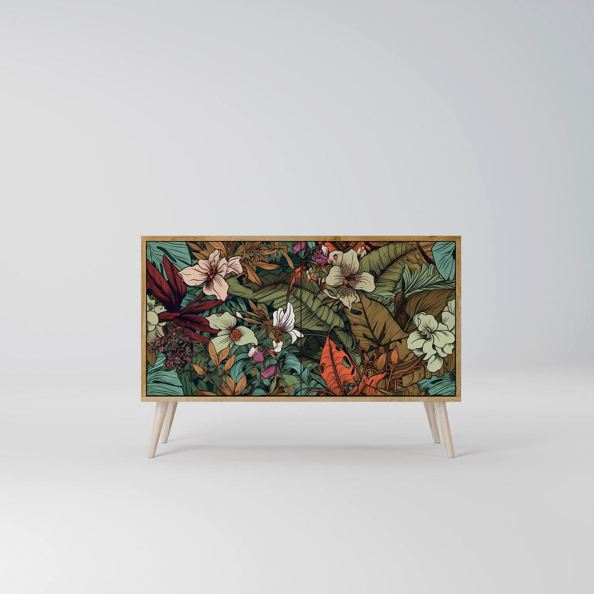 SIDEBOARD BOTANICAL EMERGENCE, Eicheneffekt, 111x42x77,5 cm, 2 Türen - Eichefarben/Buchefarben, Holzwerkstoff/Buchenholz (111/77.5/42cm) - SpaceRebels