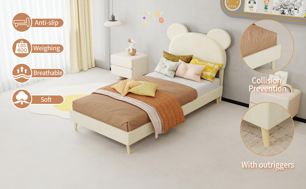KINDERBETT mit Bettkasten 90x200 cm Stoff Beige - Beige, Holz (90/200cm) - Meubliv