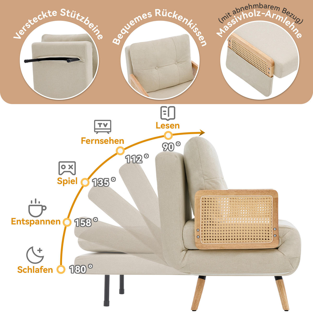 SESSEL Leinen Beige mit Schlaffunktion - Beige, Holz/Holzwerkstoff (67.5/86.5/73cm) - WISHDOR