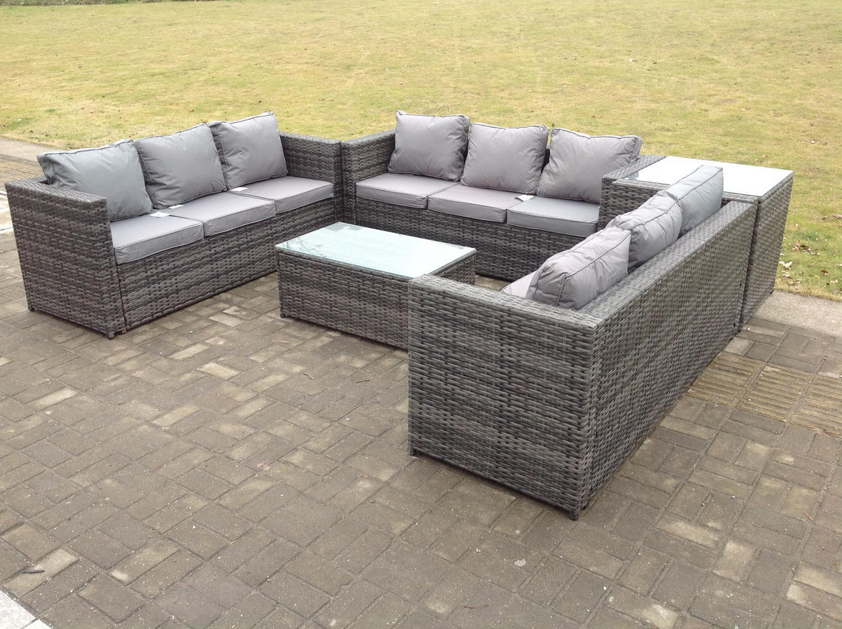 GARTENSOFA Hohe Rückenlehne Polyrattan 9-Sitzer - Dunkelgrau/Grau, Glas/Kunststoff - Fimous
