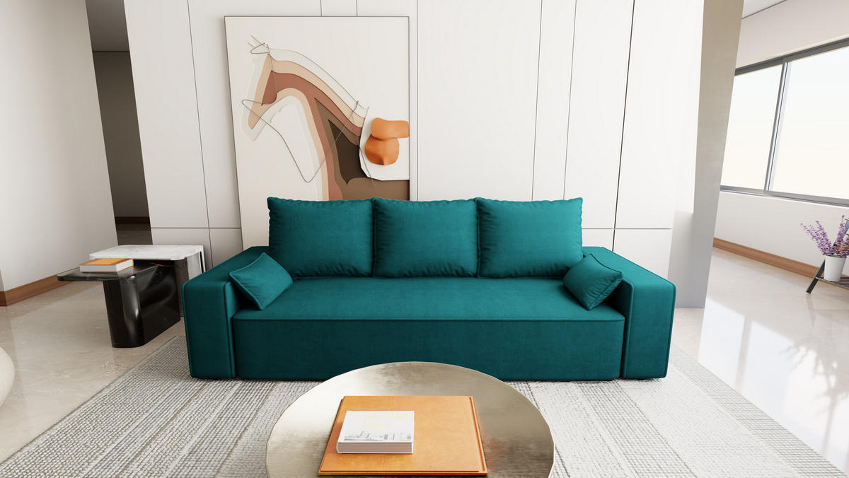 SOFA Veno mit Bettkasten und Schlaffunktion, Velourstoff - Türkis, Holzwerkstoff (242/85/95cm)