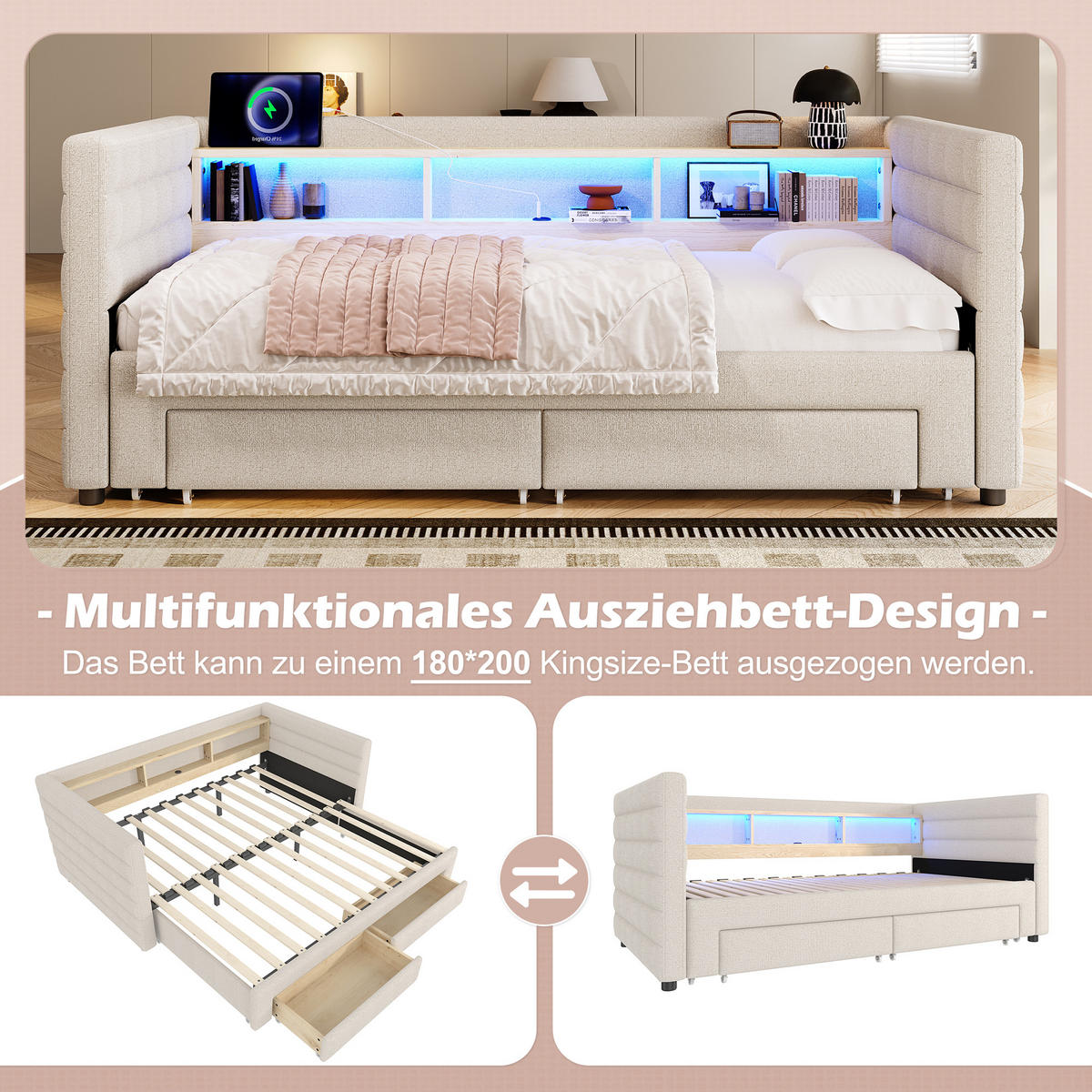 TAGEBETT 90x190cm Beige Samt Ausziehbett 2 Schubladen USB-C LED-Licht - Beige, Holz (90/190cm) - FLIEKS
