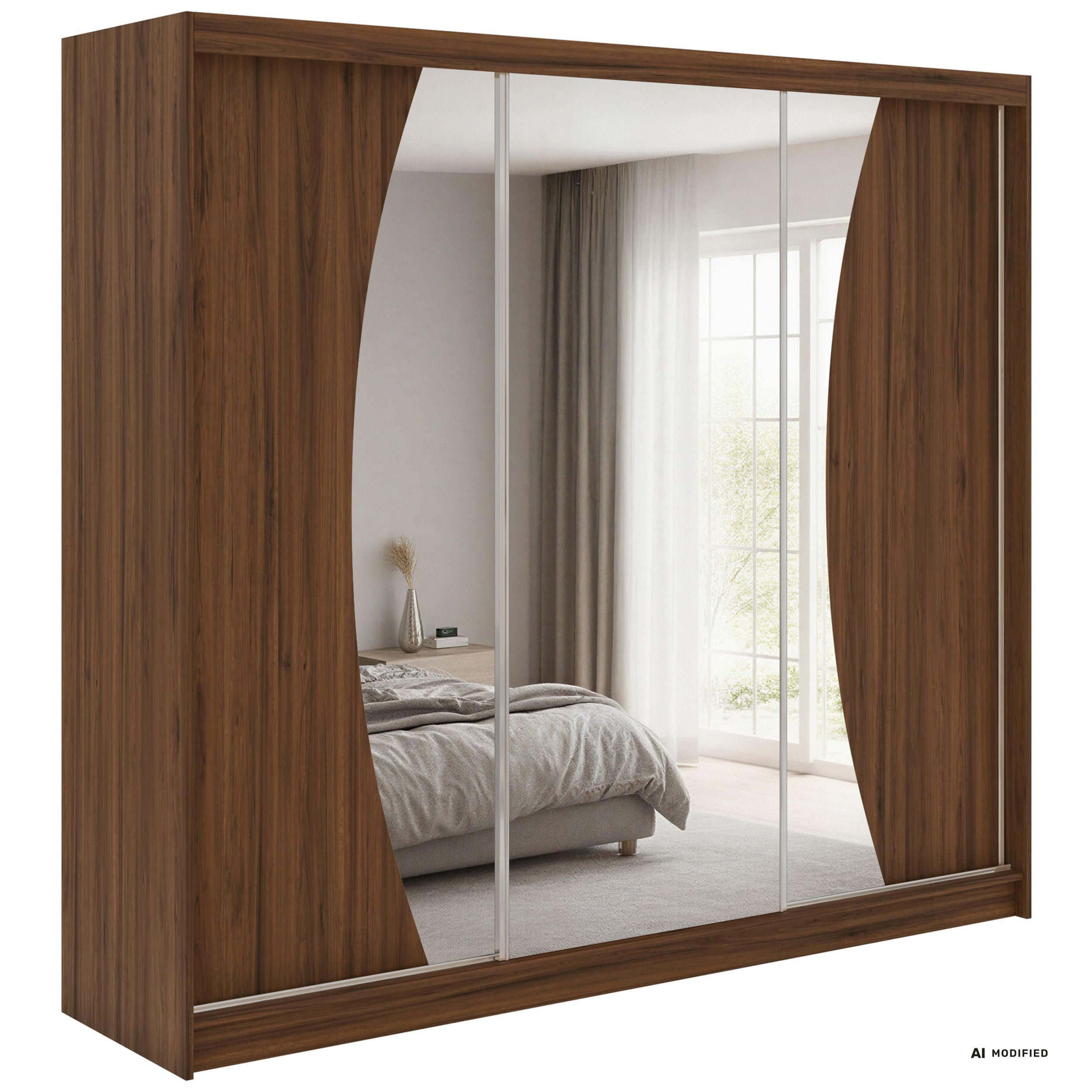 SCHWEBETÜRENSCHRANK mit Schubladen 240 - VERONA - Warmia Walnuss mit Spiegel - Walnussfarben/Alufarben, Holzwerkstoff/Metall (240/216/61cm) - MKS