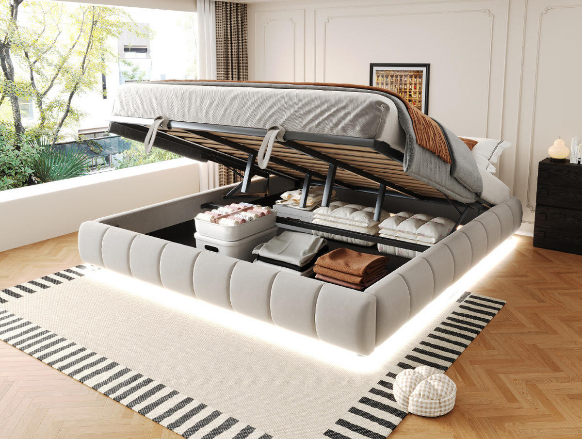 POLSTERBETT 180/200 cm Beige aus Flannelette mit LED-Lichtleiste und Bettkasten - Beige, Textil (180/200cm) - OKMYHOME