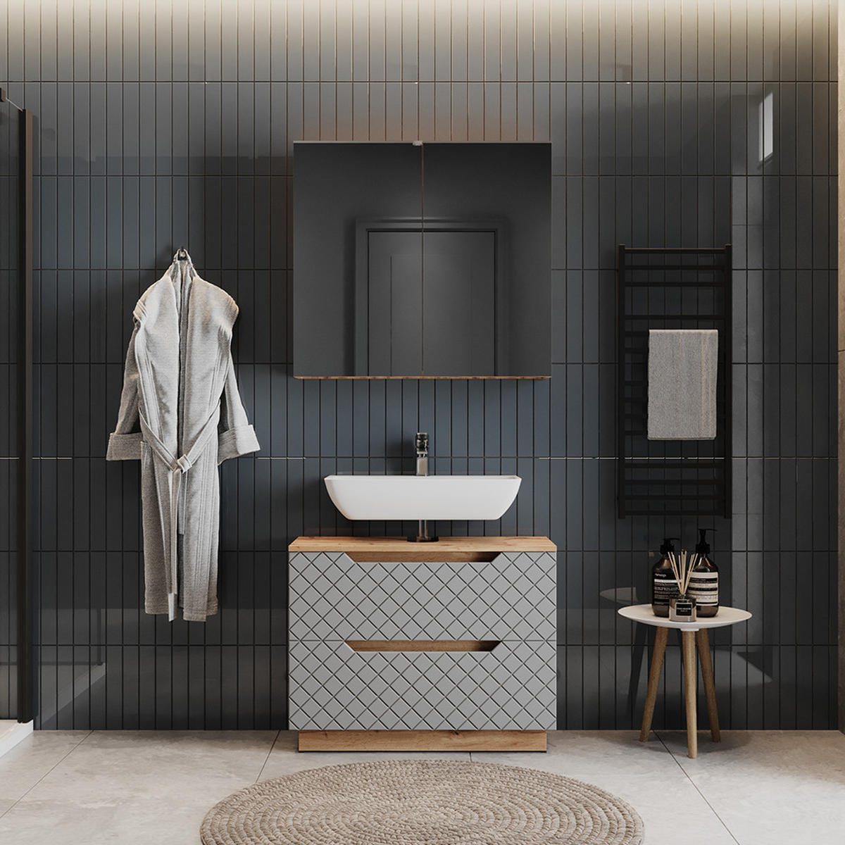 BADMÖBEL-SET Lotta Eiche/Grau mit Kachelstruktur 2 Teile - Grau, Holzwerkstoff (79.6/62.5/32cm) - Vicco