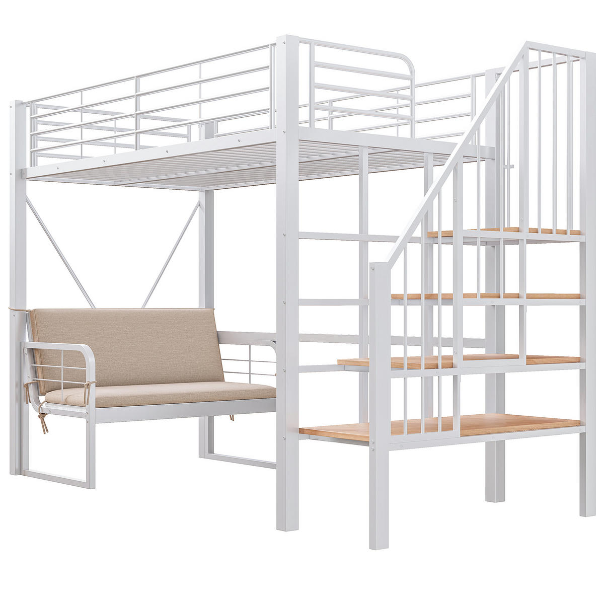 ETAGENBETT 90/200 cm mit abnehmbarem Polstersofa, Stauraumtreppe und Metall-Rahmen, Weiß - Weiß, Holzwerkstoff (90/200cm) - Redom