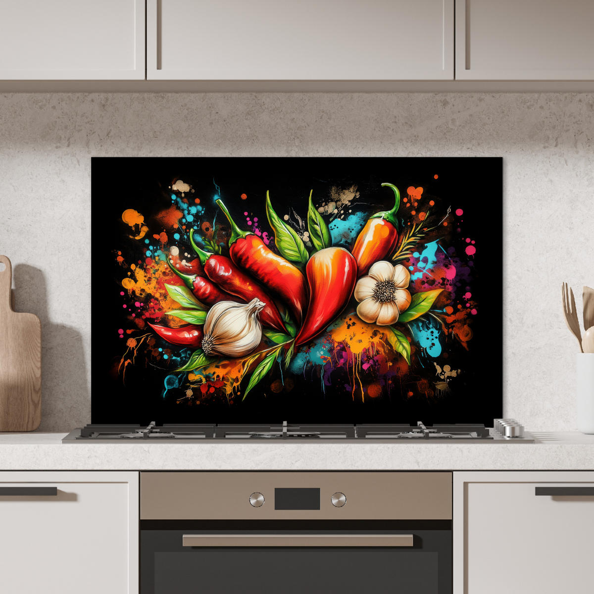 SPRITZSCHUTZ KÜCHE Gemüse - Paprika - Knoblauch - Graffiti - Farbe - Bunt 90x60 cm - Rot, Metall (90/0.3/60cm) - MuchoWow