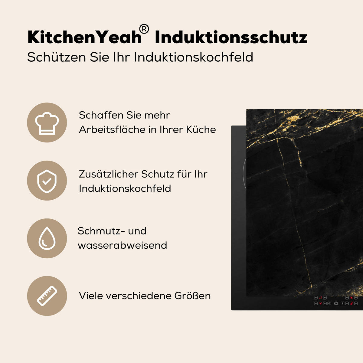 HERDABDECKPLATTE Marmor - Schwarz - Gold - Chic - Marmoroptik - Design Herdabdeckung Induktionsfeld 75x52 cm - Schwarz, Kunststoff (75/52/0.2cm) - MuchoWow