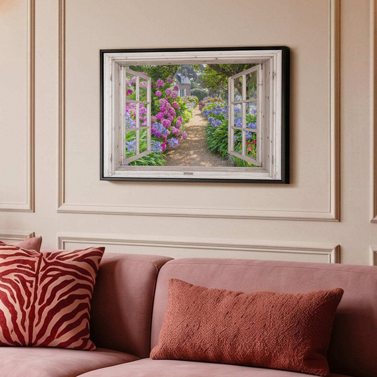 LEINWAND Bilder mit Rahmen - Hortensie - Durchsichtig - Blumen - Sommer - Lila - Weg - 60x40 - Lila, Textil (60/40cm) - MuchoWow