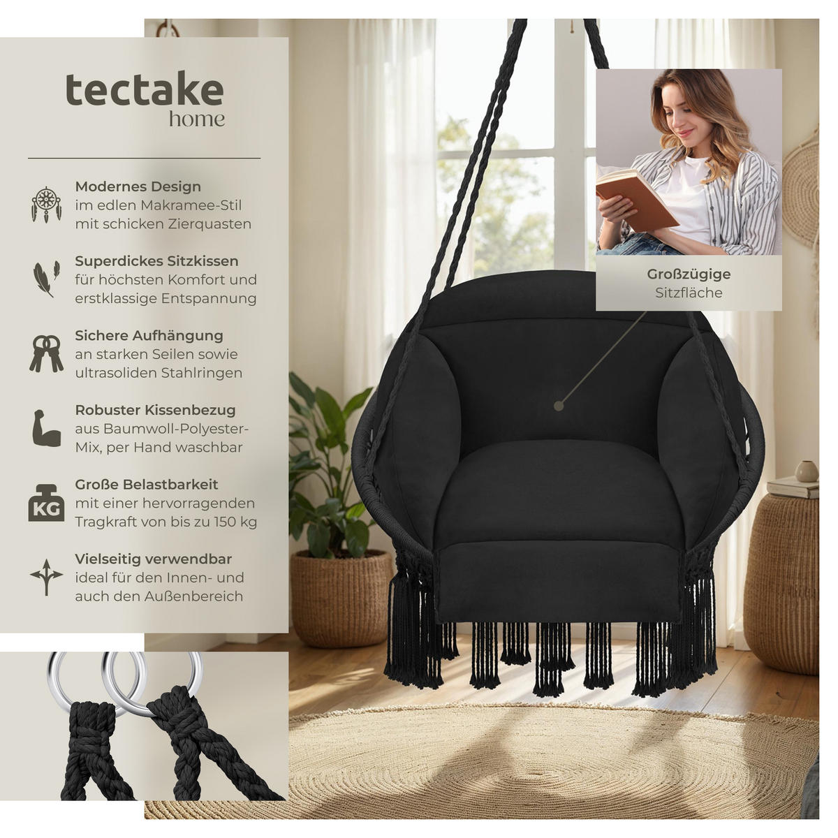 HÄNGESESSEL Samira,80 x 81 x 139 cm,schwarz - Schwarz, Kunststoff (80/139/81cm) - tectake